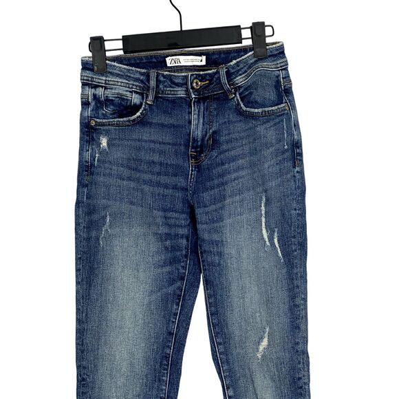 ZARA Cotton Skinny Mid Rise Distressed Stretch Casual Jean Hem Side Slits 2 Blue - Picture 3 of 15